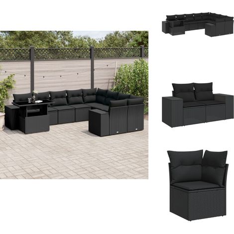 Salon de jardin 10 pcs avec coussins noir résine tressée - Ensemble Salon De Jardin - Meuble Extérieur - Salon De Jardin Pliable - Table Extensible - Chaise Lounge (1/5)