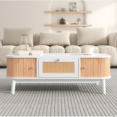 Mesa de centro de ratán 110 x 55 x 38,5 cm con cajón y puertas correderas, blanco y madera DESVIAE (1/5)