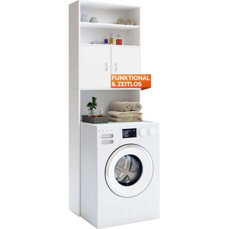 Meuble de salle de bain pour machine à laver blanc – Dimensions 185 x 63 x 20 cm – 1 compartiment avec portes – 3 étagères dont 1 réglable - BAIN 185 X (1/5)