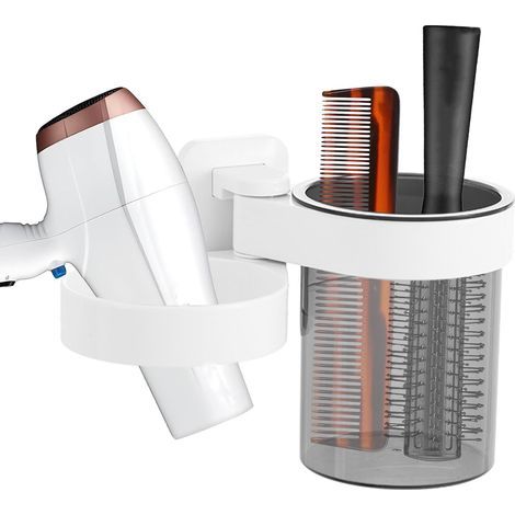Wall-mounted hair dryer holder with storage for hair styling accessories, self-adhesive hair dryer holder (white)