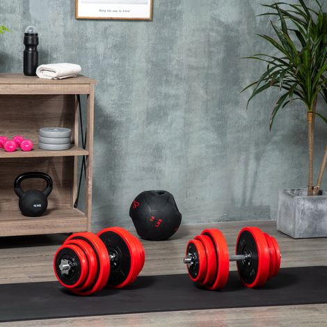 Juego de mancuernas ajustables para gimnasio con pesas recubiertas de goma de 40 kg, fabricadas en metal y hierro, color arena, 45x26x26 cm, rojo. (1/5)