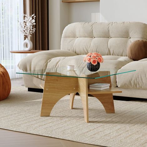 Table basse carrée contemporaine en verre trempé – 80 cm de largeur. Piètement en MDF plaqué bois clair. Idéale pour salon, salle à manger ou autres pièces.