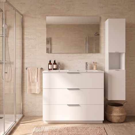 Meuble sous-vasque MARBELLA 120 cm + vasque + miroir + colonne / Blanc (1/5)