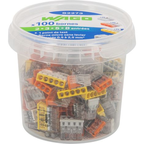 Wago – Flacon de 100 mini bornes de connexion automatique 2, 3, 5 et 8 fils – 450V 24A – Système PUSH WIRE® – Boîtier transparent avec point de test (1/6)