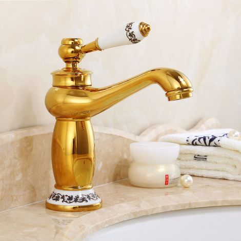 Robinet Mitigeur de Lavabo en Laiton Style Européen Rétro, pour Vasque à Poser, Salle de Bain, Modèle Céramique Dorée avec Flexible-lsw