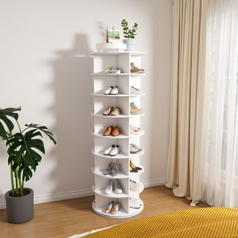 Tour de rangement à chaussures rotative 8 niveaux 60x60x184 cm, meuble d'entrée gain de place PVC blanc (1/5)