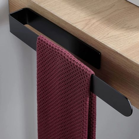 Toallero negro - No requiere taladrar para su instalación, apto para baño o cocina, anillas para toallas de acero inoxidable, paquete de 2 (1/5)