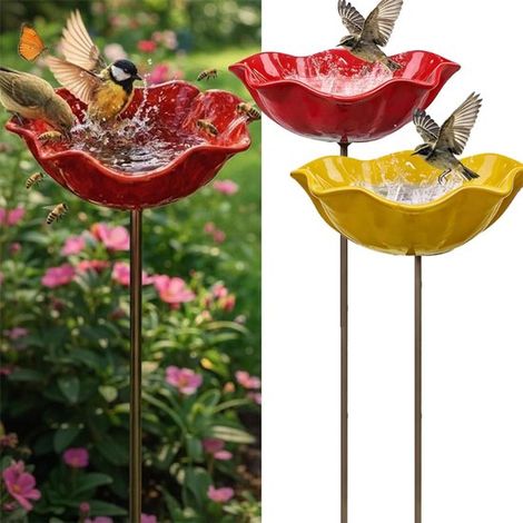 Vaschetta per uccelli con picchetto da terra, 2 pezzi, vaschetta per uccelli da giardino, vaschetta per uccelli da patio, elegante forma a fiore, mangiatoia da giardino, vaschetta per uccelli m (1/5)