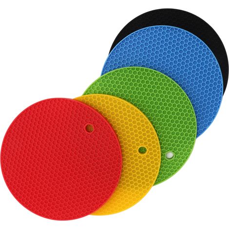 Lot de 7 dessous de verre ronds en silicone de 7 pouces, maniques en silicone résistantes à la chaleur, jaune, noir, rouge, bleu, vert (1/5)
