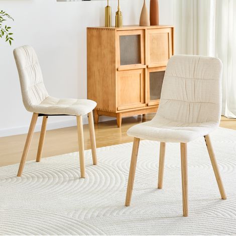 Silla de comedor de tela blanca con pliegues, patas de madera y 88 cm de alto, pack de 2 HAVRYA (1/5)