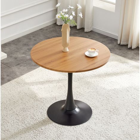 Mesa de comedor redonda de 80 cm, diseño tulipán, MDF y metal, efecto madera, negra HAVRYA (1/5)