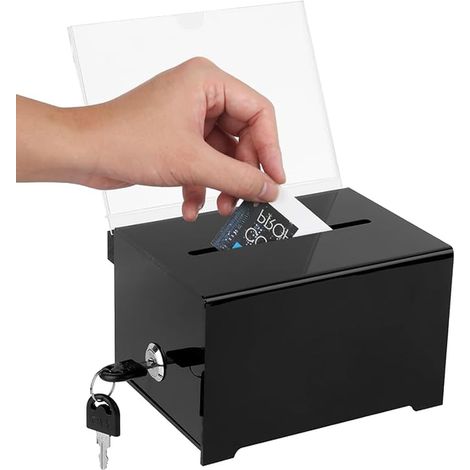 Acrylic Donation Box, Clear Election Box with Key Lock, Lockable Acrylic Donation Box with Insert Board, for Business Cards, Votes, Competitions, Black (1/5)