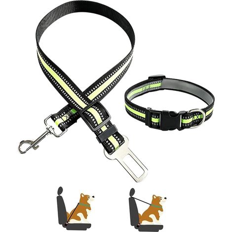 Ceinture de Sécurité pour Chien et Collier Voiture 2PCS, Harnais de Sécurité Réfléchissant et Laisse pour Voiture, Ceinture de Sécurité pour Chien et Chat(vert) (1/5)