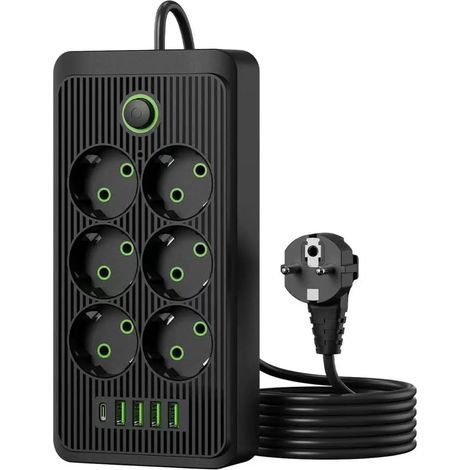 Multiprise 11 Prises avec 6 AC et 5 Ports USB Power Strip,2M Câble Noir Multiprise Electrique 2500W Bloc Multiprise Parafoudre et Surtension avec Interrupteur Multiprise Noire pour Maison Bureau (1/5)