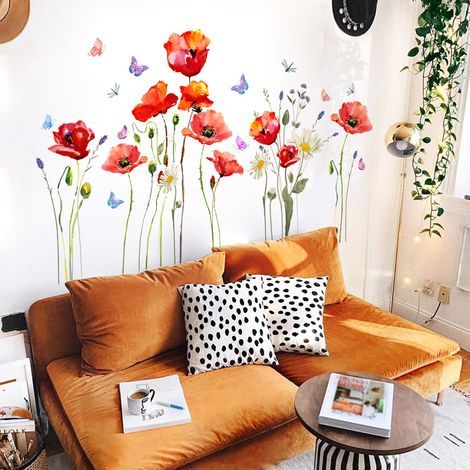 Red poppy wall sticker – Plant and butterfly wall decoration – Removable, waterproof, easy to apply – For bedroom, living room, kitchen (1/5)