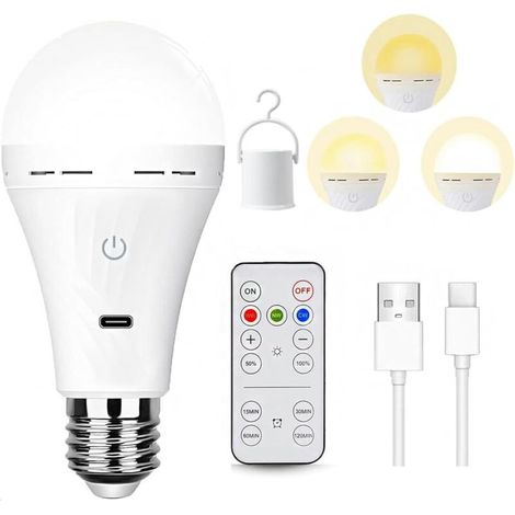 Ampoule rechargeable avec télécommande, ampoule à intensité variable 3 couleurs, ampoule USB E27, ampoule à piles, ampoule de secours (1/5)