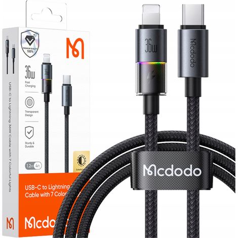 Cable USB-C Mcdodo de carga rápida para iPhone Lightning 36W 1M LED negro (1/5)