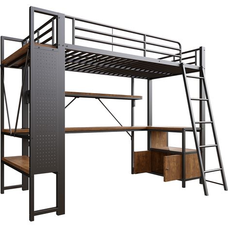 Cama alta 90 x 200 cm de metal con escritorio, almacenaje, LED y USB, negra (1/5)