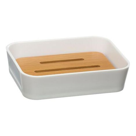 Jabonera de baño Natureo, de plástico blanco y bambú.