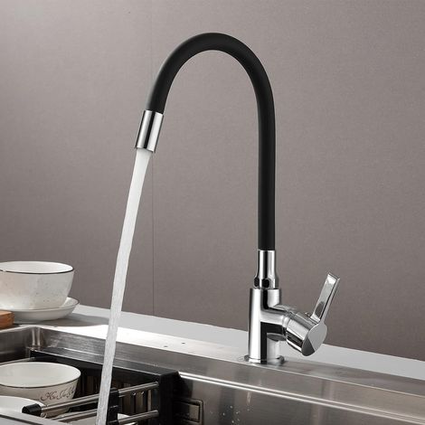 Robinet de cuisine flexible orientable, bec haut en laiton, mitigeur mono-trou pour eau chaude et froide, finition noire (1/5)