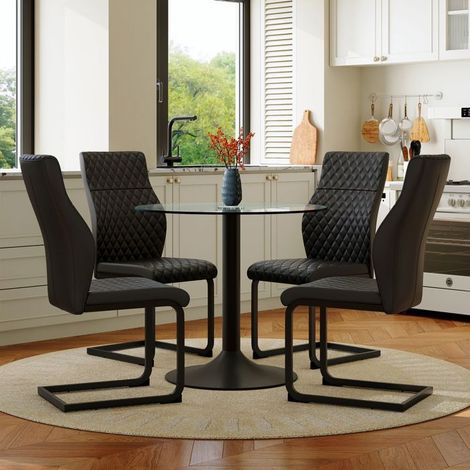 Table et Chaises de Salle à Manger diamètre 85 cm 4 Chaises Table Ronde en Verre 4 Chaises Noires Dossiers Hauts Revêtement PU (1/5)