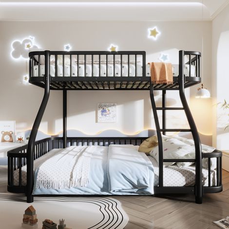 Lit superposé 90x200 cm et 140x200 cm - structure fer - échelle - barrière de sécurité incluse - sans matelas - noir (1/5)