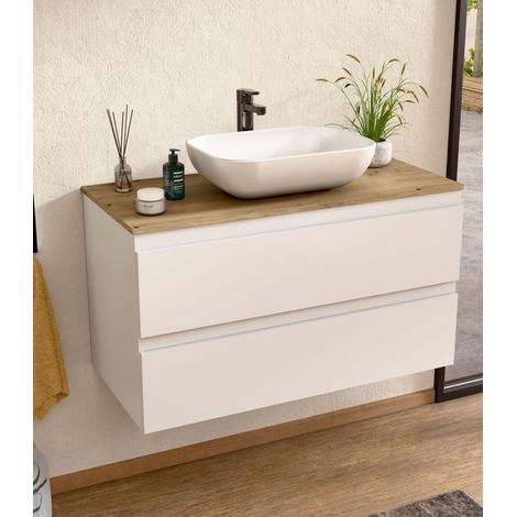 BELLOBATH - Meuble Salle de Bain avec Plan Vasque en Céramique, Meuble Monté avec 2 Tiroirs, 100 x 55 x 46 cm, Meuble Blanc et Plateau Chêne