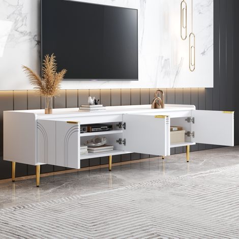 REDOM Mobile TV 170x35x47.5 cm, con 4 ante testurizzate bianche, maniglie e piedini dorati, bianco, MDF, per soggiorno (1/5)