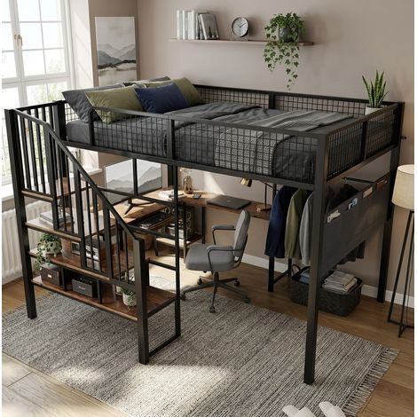 MODFU – Lit mezzanine adulte 140x200 cm métal/bois – Bureau d'angle, port de charge et tablette clavier – Charge 160 kg et EN 747 – Chambre – Noir/vintage (1/5)