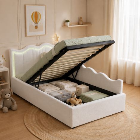 Lit enfant simple 90x200, Canapé-lit avec dossier, avec LED et hydraulique rangement, lit avec sommier, lit 1 Personne, tête de lit rembourré (1/5)