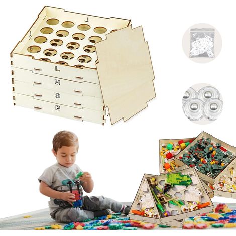 Boîte de tri en bois à 4 plateaux, rangement des blocs de construction, 3 tailles différentes de trieurs de blocs de construction (1/5)