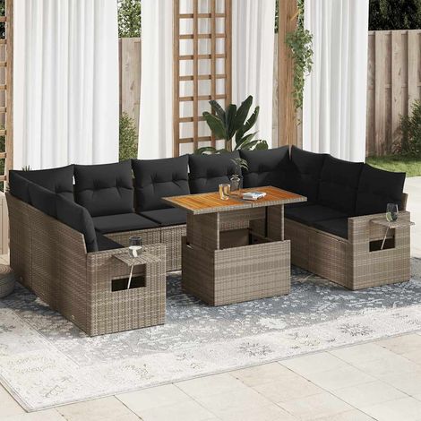 Salon de Jardin en Résine Tressée Grise avec 9 Coussins et Table Extensible pour Jardin, Terrasse et Patio - Fonction de Rangement (1/5)