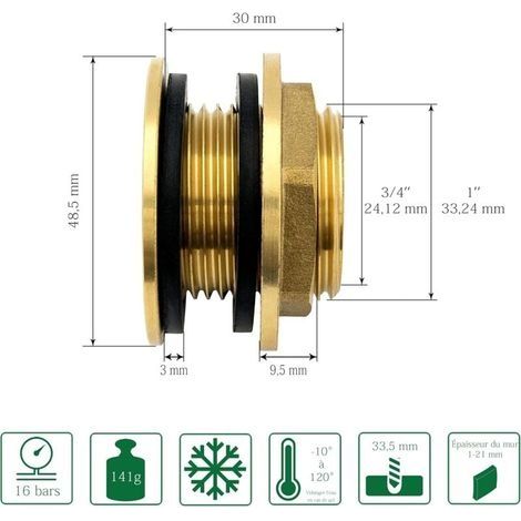 Raccord de robinetterie en laiton 3/4" femelle à mâle 1" – Inclus 2 joints en caoutchouc – Pour cuves IBC et barils de pluie (1/4)