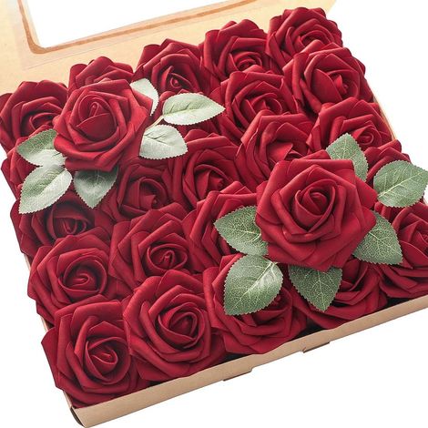 (Dunkelrot) 25 Stück elfenbeinfarbene künstliche Schaumrosen mit Stielen für Hochzeitssträuße, Party-Tischdekorationen, Arrangements, Party-Tischdekorationen
