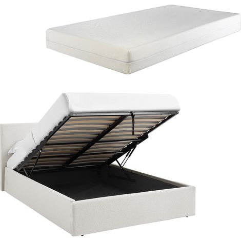 TEDDY BOUCLE 3FT Single White Ottoman Storage Bed Gas Lift Up with 15cm Memory Foam Mattress