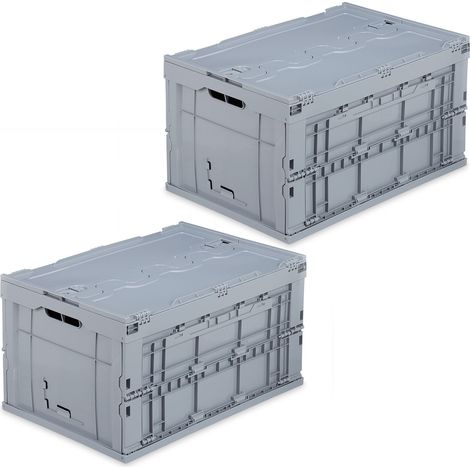 Set of 2 Relaxdays Professional Storage Boxes, Sturdy, Commercial Crate, Lidded, 60x40x32cm, Grey