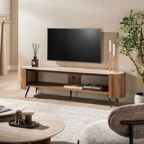 Meuble TV 1 niche 180x40x49 cm effet travertin, chêne et métal bronze (1/5)