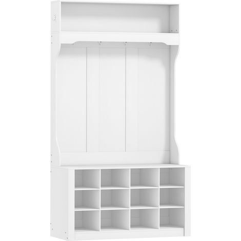 Banc d'entrée 4 en 1 blanc avec rangement chaussures 12 casiers, 6 patères, étagère ouverte et porte-manteau. (1/5)