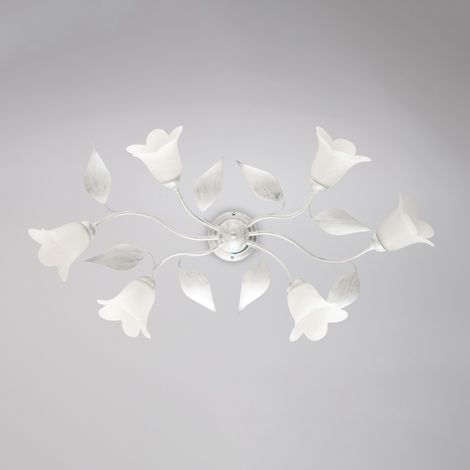 Plafonnier Olga Fer Blanc, Déco Argent Antique, Verre Albâtre D.14, 6 Lumières 70X52 Cm Déco Sobre Et Chic