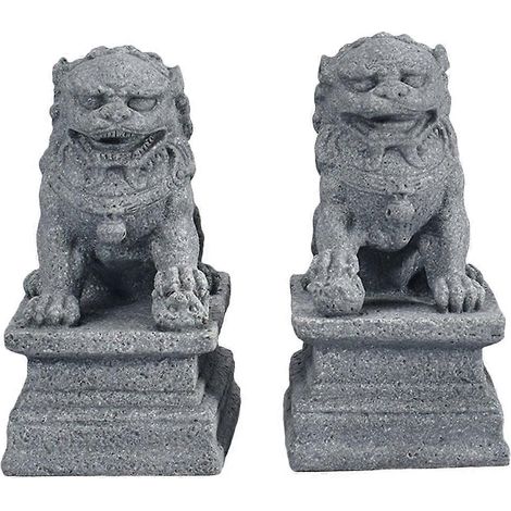 Lot de 2 mini statues de lion en pierre, décoration de bureau style chinois Feng Shui-4.50X3.00X2.20CM-Grey (1/3)