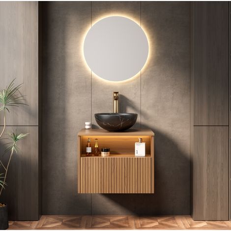 Mobile lavabo sospeso minimalista 60 cm, rovere marrone e nero, lavabo in ceramica, 1 cassetto e ripiano aperto con LED (1/5)