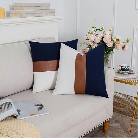 Lot de 2 housses de coussin patchwork en similicuir et coton, 45 x 45 cm, style moderne, pour canapé, salon ou chambre, style champêtre. (1/4)