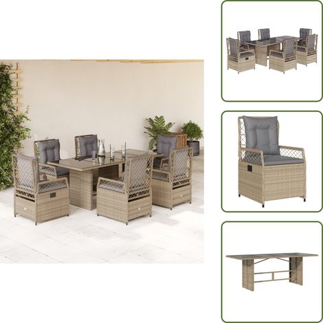 The Living Store 7-tlg. Garten-Essgruppe mit Kissen Beige Poly Rattan - Gartengruppe - Gartenmöbelset - Esstisch - Gartenstühle - Relaxsessel