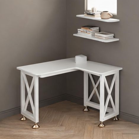 Bureau d'angle blanc avec rangements et cadre en métal MDF (1/5)