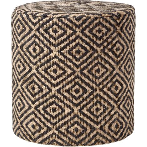 HOMESCAPES Jute Round Pouffe Black and Off-White Herringbone Pattern, 40 x 40 x 42 cm (1/4)