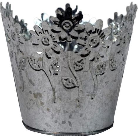 Vaso da fiori decorativo zincato con motivo floreale (1/3)