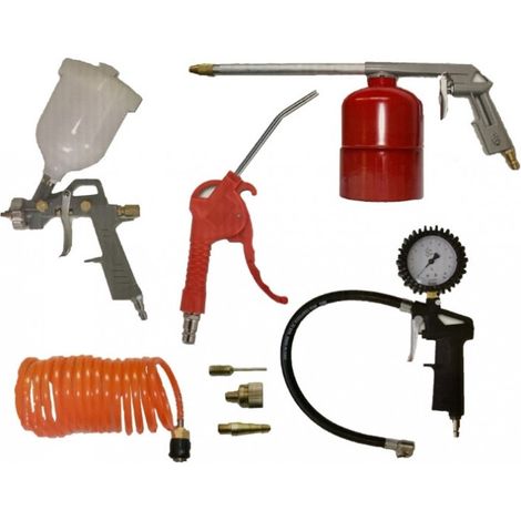 Prodif – Kit 8 accessoires pneumatiques pour compresseur – Soufflette, pistolet de peinture, tuyau spiral 5m – Raccords rapides universels – 5015