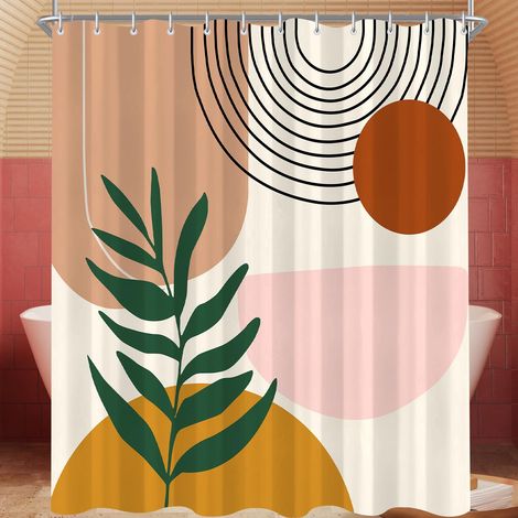 Rideau de douche 120 x 200 cm - Motif feuilles - Ourlet lesté - Textile anti-moisissure - Imperméable - Lavable - En polyester - Avec œillets et 12 anneaux de rideau de douche pour salle de (1/5)