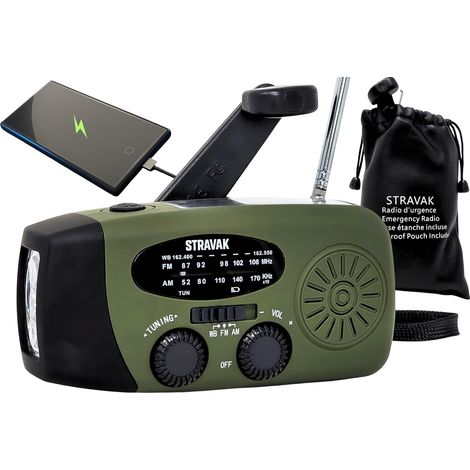 Radio d’Urgence et de Survie Solaire à Dynamo, Lampe Torche LED Puissante, Batterie 2000 mAh USB-C, Alarme de Détresse, Chargeur de Téléphone, Pochette Étanche. (1/5)