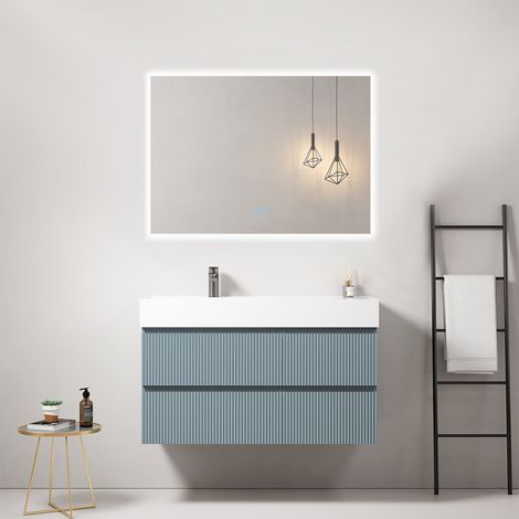 Mobile bagno sospeso cannettato 100 cm Blu Avio Lavabo a Sinistra in Resina Specchio Quadro Retroilluminato - Fiji Paint (1/4)